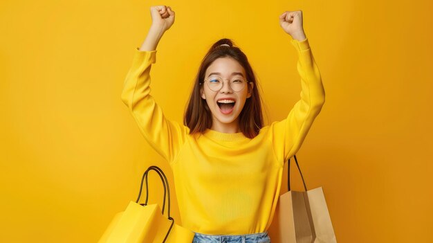 Photo young asian woman startup small business freelance pointing finger up with parcel box and computer laptop on table and sitting isolated on green background online marketing and delivery concept