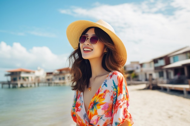 a young asian woman in sunglasses enjoying summer vacation