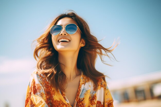 a young asian woman in sunglasses enjoying summer vacation