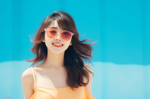 여름 휴가를 즐기는 선글라스를 쓴 젊은 아시아 여성