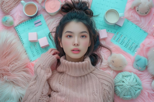 사진 파스텔 색의 물건으로 둘러싸인 젊은 아시아 여성 스타일과 편안함 컨셉  뷰
