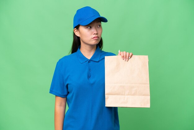 Young Asian woman taking a bag of takeaway food over isolated background looking to the side