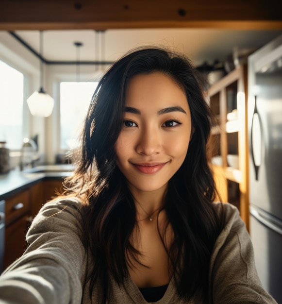 Young Asian woman taking a selfie at home