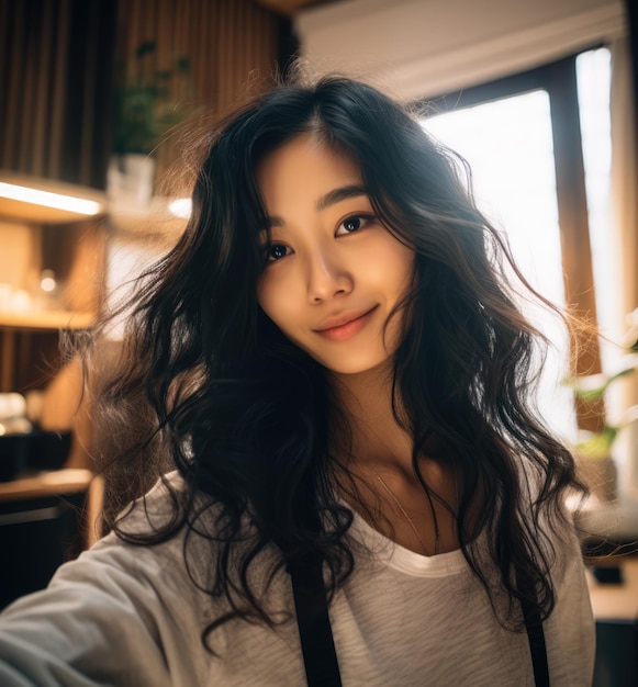 Young Asian woman taking a selfie at home