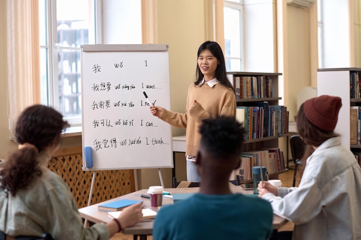 Photo 年輕的亞洲女人教中文,指著象形文字