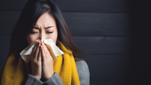 ティッシュを手に鼻をかむことで風邪やアレルギー症状を起こす若いアジア人女性