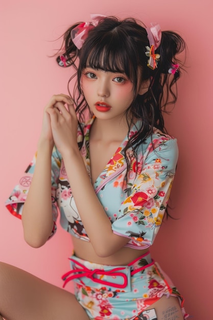 Молодая азиатка в традиционном кимоно с современным поворотом позирует на розовом фоне