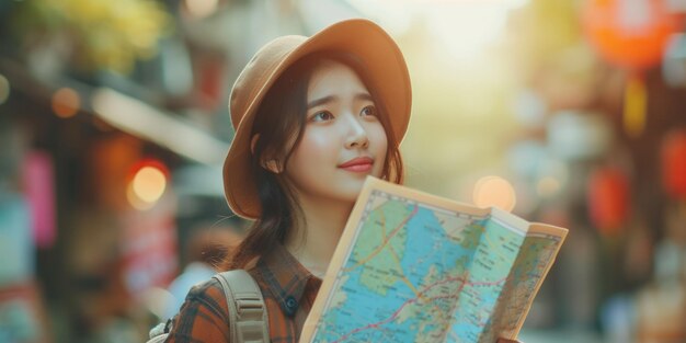 Foto giovane viaggiatrice asiatica con una mappa che esplora la città con occhi curiosi