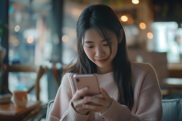 Young Asian Woman Using Mobile Phone in Casual Wear