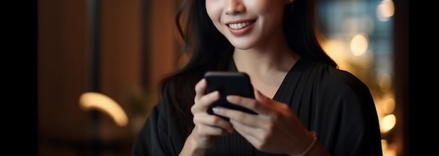 Молодая азиатка с помощью мобильного телефона в кофейне генеративный ИИ
