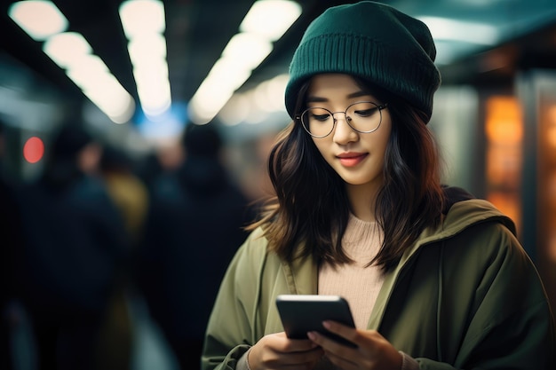 Young asian woman using a mobile phone on the metro