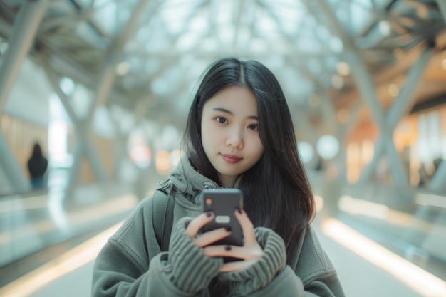 Young Asian woman using smartphone in full length image