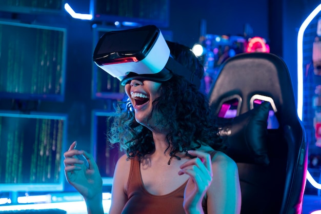 A young Asian woman using virtual reality vr box to play online game or watch movie