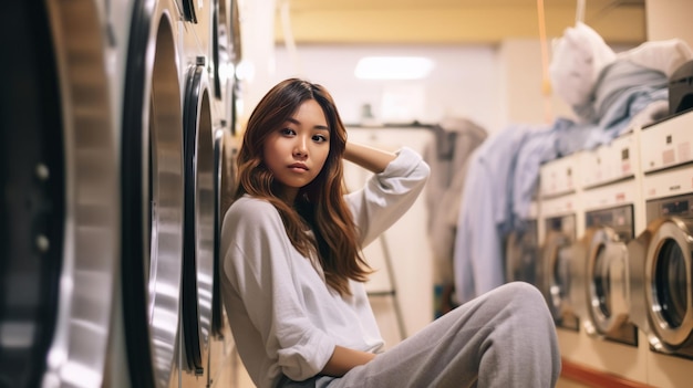 Young asian woman waiting in a laundry room