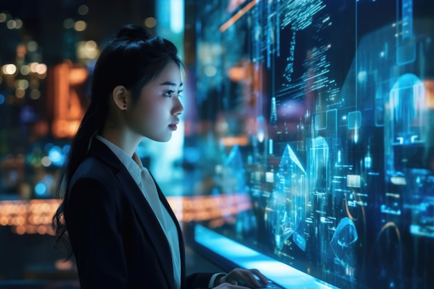 ホログラム画面を見ている若いアジア人女性 ビジネステクノロジー