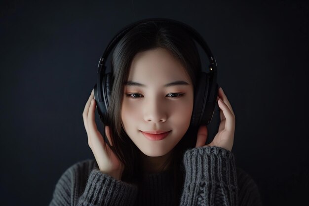 흑색 배경 에 헤드폰 을 착용 한 젊은 아시아 여성 이 좋아하는 음악 을 듣고 있다