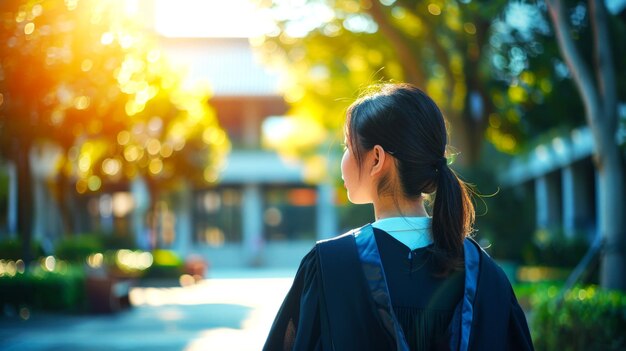 Photo young asian woman wearing school uniform looking at the future with high education