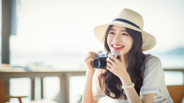 Foto una giovane donna asiatica con una macchina fotografica indossa un cappotto di senape sorridendo su una strada della città soleggiata