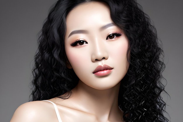 Young asian woman with curly hair Asian chinese fashion model AI Generative