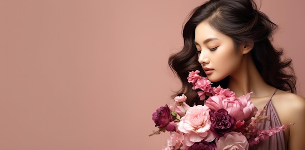 Young Asian woman with flowers on pink copy space