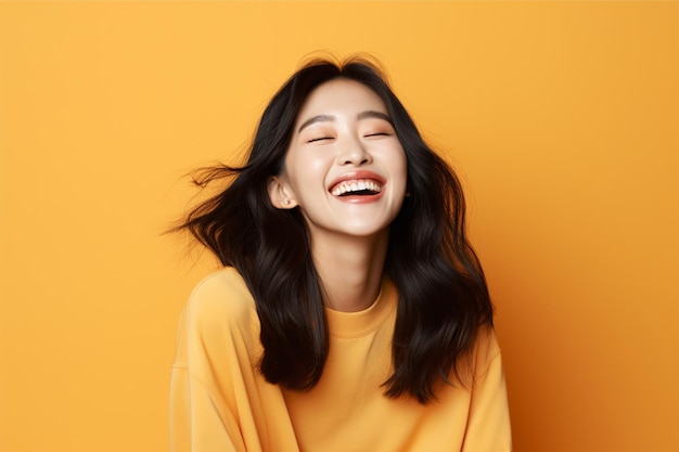 a young asian woman with a happy successful expression