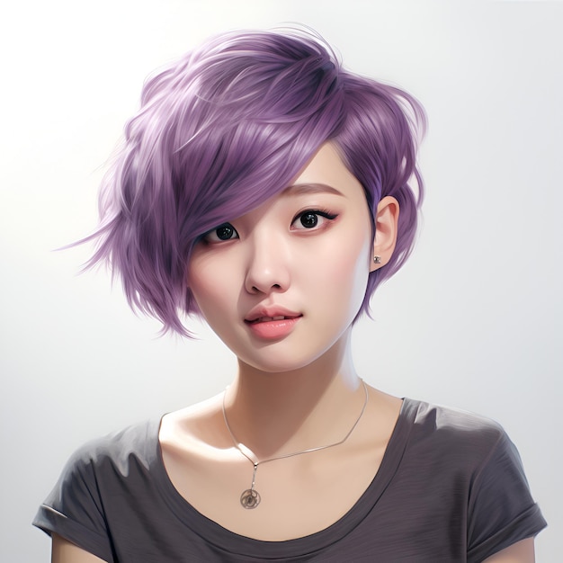 a young Asian woman with a short haircut with violet hair a fashionable female person a girl a teenager a portrait on a white background