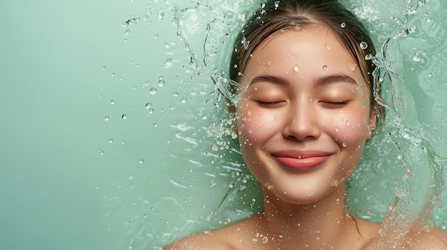 An young Asian woman with splashing water in face against a blue studio backdrop Generative AI