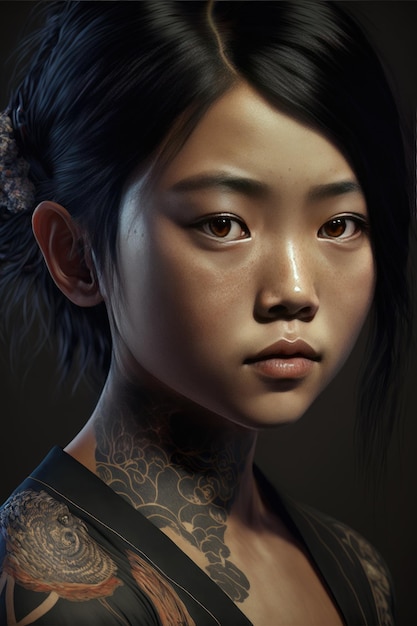 Young asian woman with tattoos dressed on a dark background Oriental girl looking at camera Generative AI