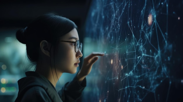 Young Asian woman with wonder curiosity looking at holographic digital display futuristic technology innovation Generative AI AIG20