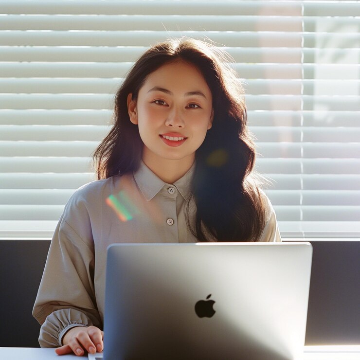 Photo 젊은 아시아 여성이 노트북으로 집에서 사진을 찍고 있습니다.
