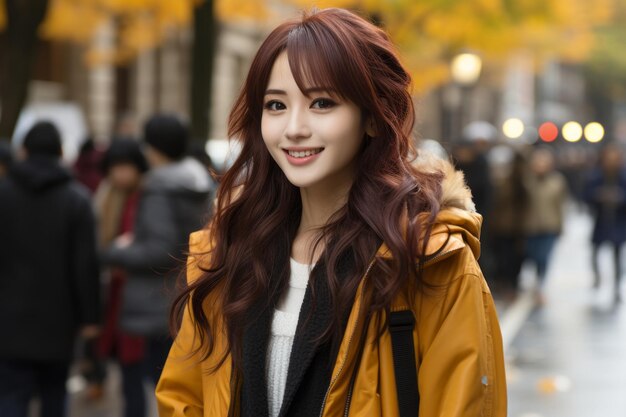 young asian woman in yellow jacket on the street