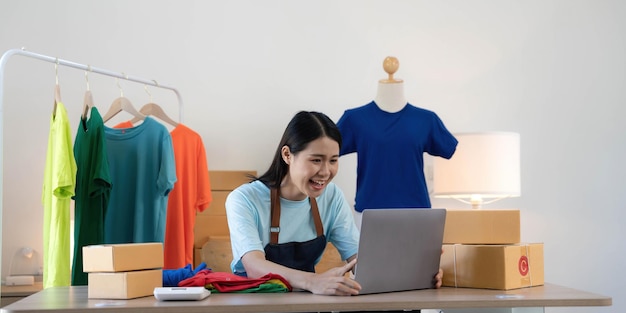 Young asian women happy after new order from customer Surprise and shock face of asian woman success on making big sale of his online store Online Selling Online Shopping