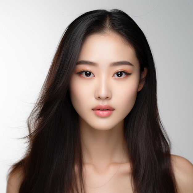 Young Asian young girl with long dark hair with light Korean makeup on her face and with radiant cle