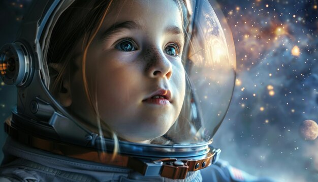 Young astronaut in space helmet gazing at stars