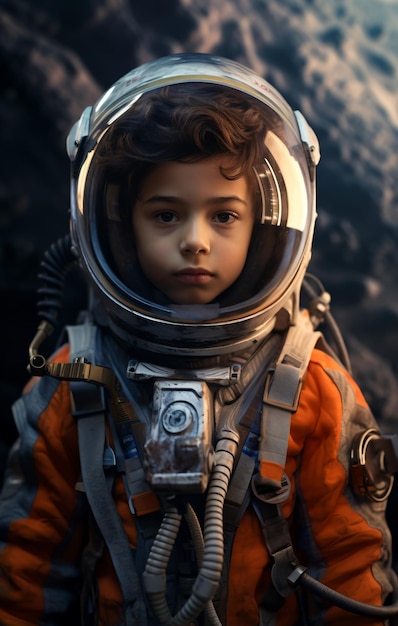 A young astronaut in a spacesuit with a determined look on his face