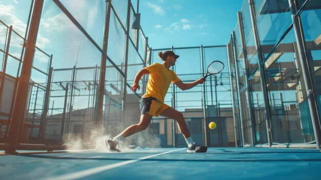 Photo a young athlete playing tennis on an outdoor court a burst of dust kicked up as he swings his racket