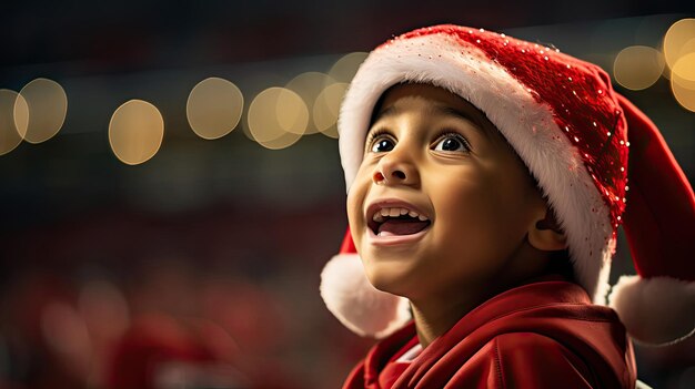 Young athlete in Santa hat competes in team sports event at stadium