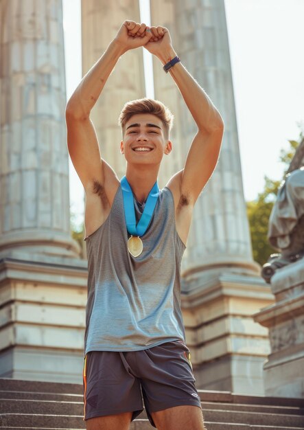 Молодой атлетический бегун празднует победу в марафоне с поднятыми руками над головой и медалью на шее