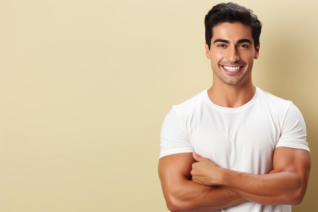 Young athletic man wearing a plain white tshirt in a studio mockup advertising