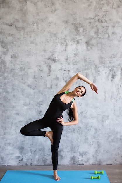 Young athletic sporty slim woman doing exercise in gym.