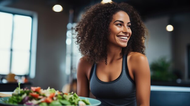 若い運動型の女性が朝食を食べながら皿にサラダを食べています