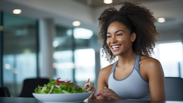 Photo young athletic woman eats a salad in her plate while eating breakfast