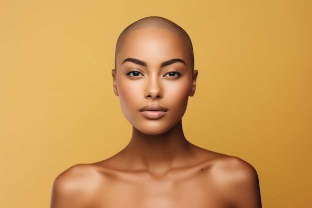 파스텔 노란색 배경 에 면도 된 머리 를 가진 매력적 인 젊은 아프리카계 미국인 여자