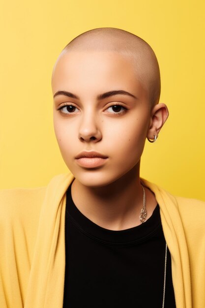 Young attractive african american woman with shaved head against pastel yellow background