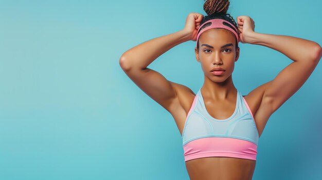 Фото Молодая привлекательная афроамериканская спортсменка в синем и розовом спортивном лифчике позирует на синем фоне