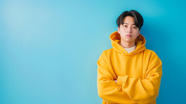 Young attractive asian man leaning against blue wall in yellow Hoodie