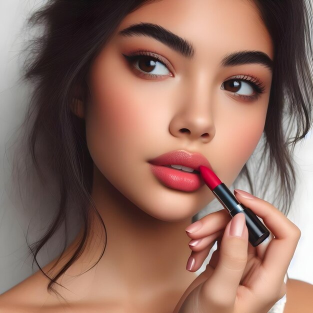 Young attractive beautiful girl mixed race Asian woman applying Berry color lipstick