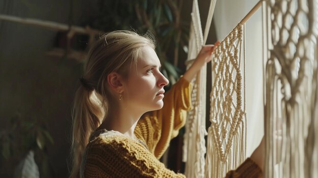 Young attractive blonde woman hanging a white macrame decor on the wall Generative Ai