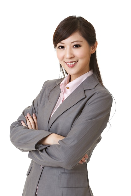 Young attractive business woman of Asian, closeup portrait on white background.