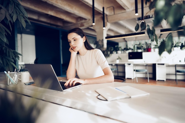 Young attractive businesswoman working on laptop in office